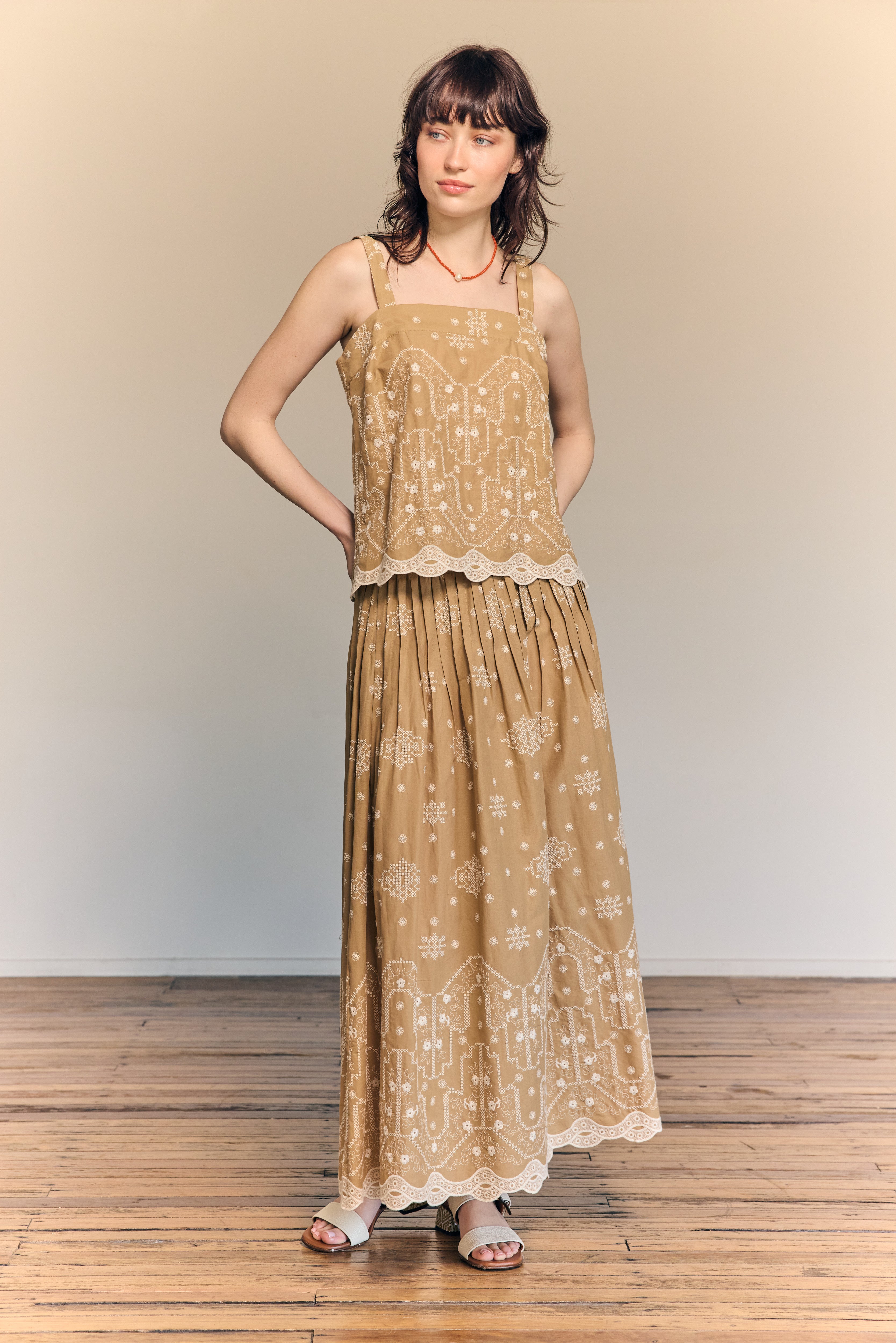 Giselle Maxi Skirt Embroidered Cotton Tan