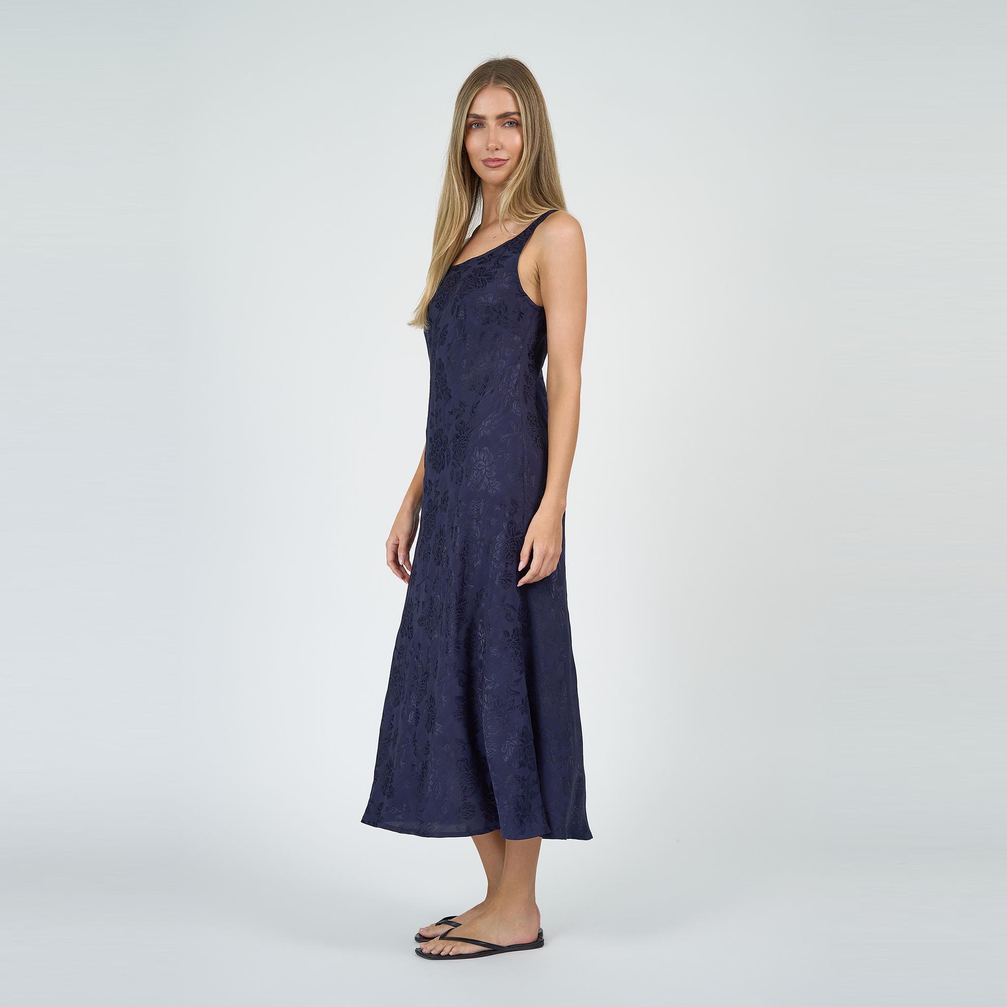 Coco Bias Dress Navy Linen Damask