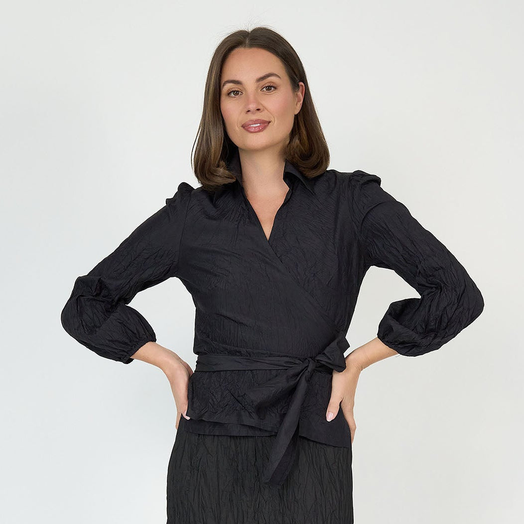 Sienna Wrap Blouse Black Silk Taffeta