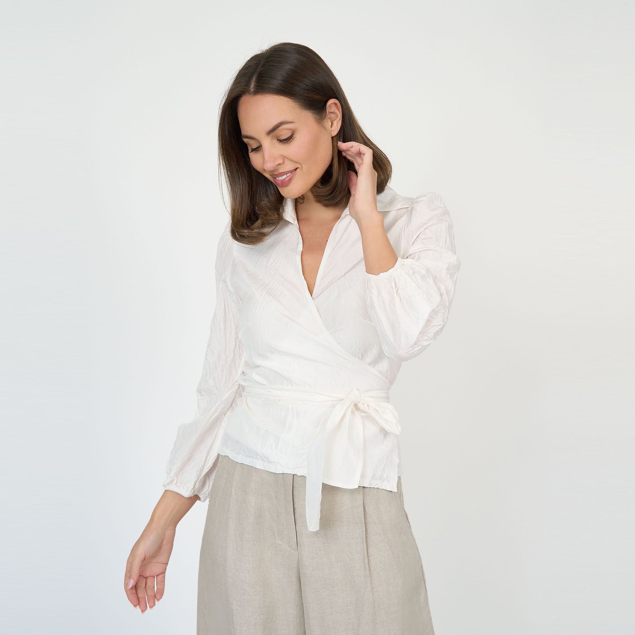 Sienna Wrap Blouse White Silk Taffeta