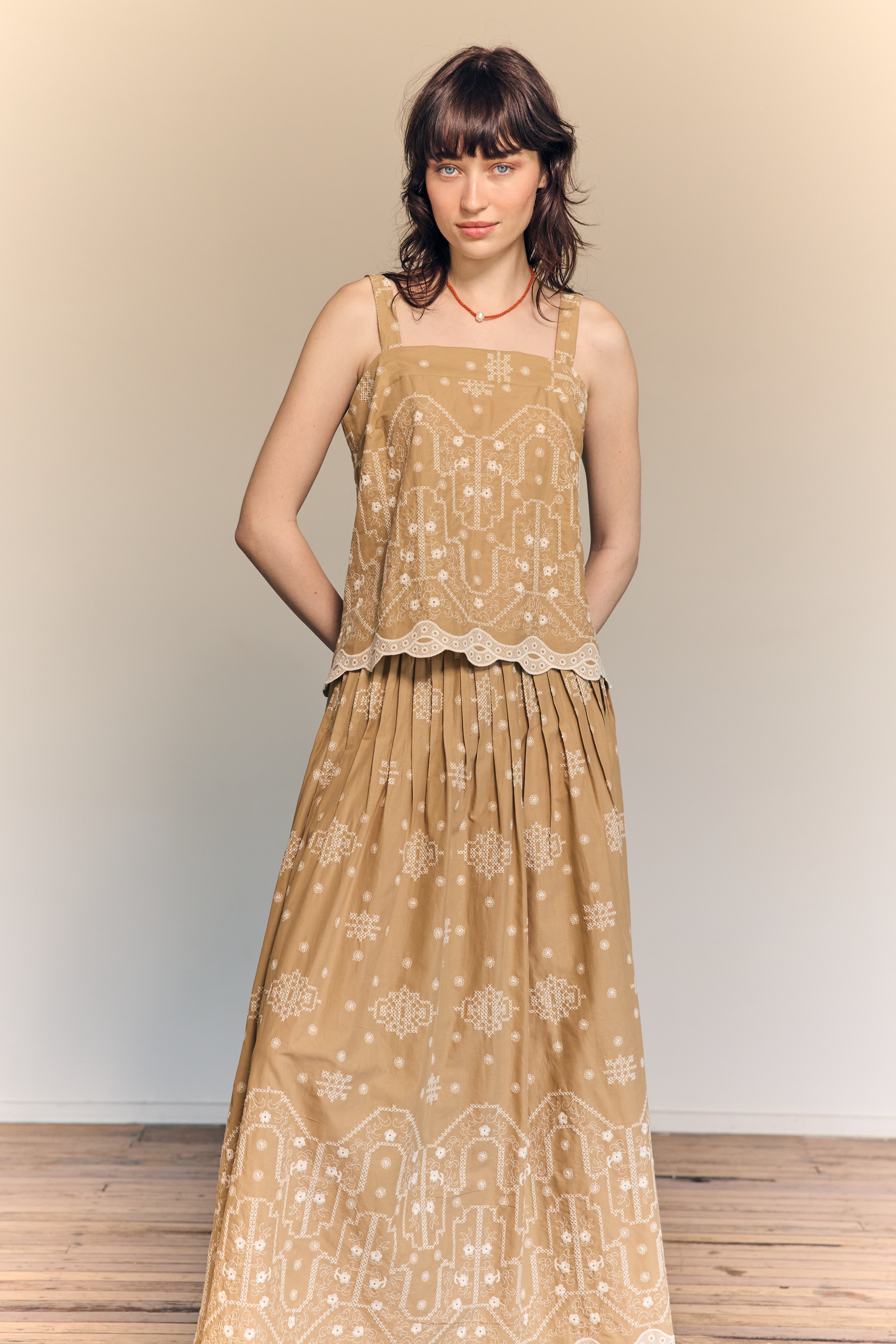 Elsa Cami Top Embroidered Cotton Tan