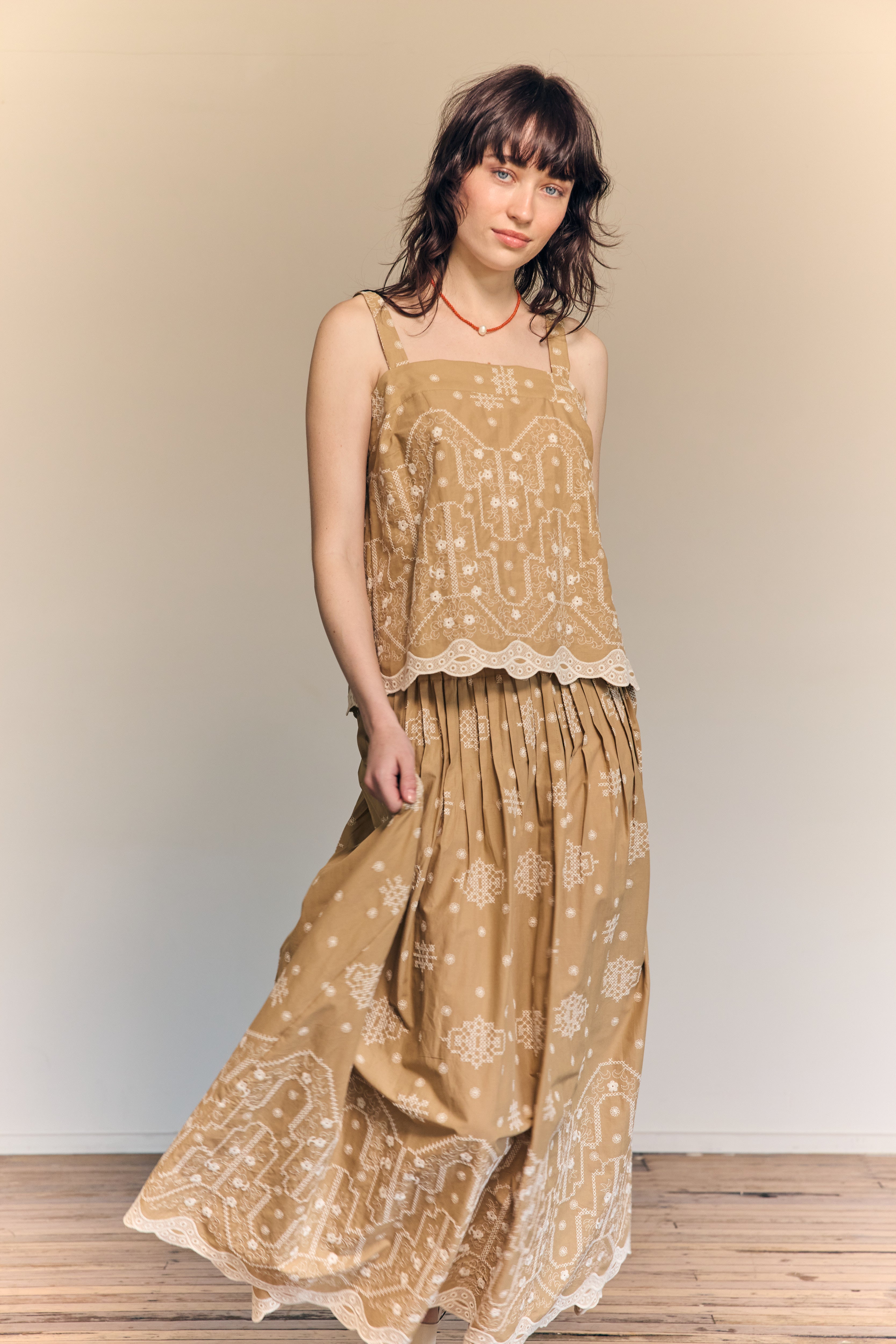 Giselle Maxi Skirt Embroidered Cotton Tan
