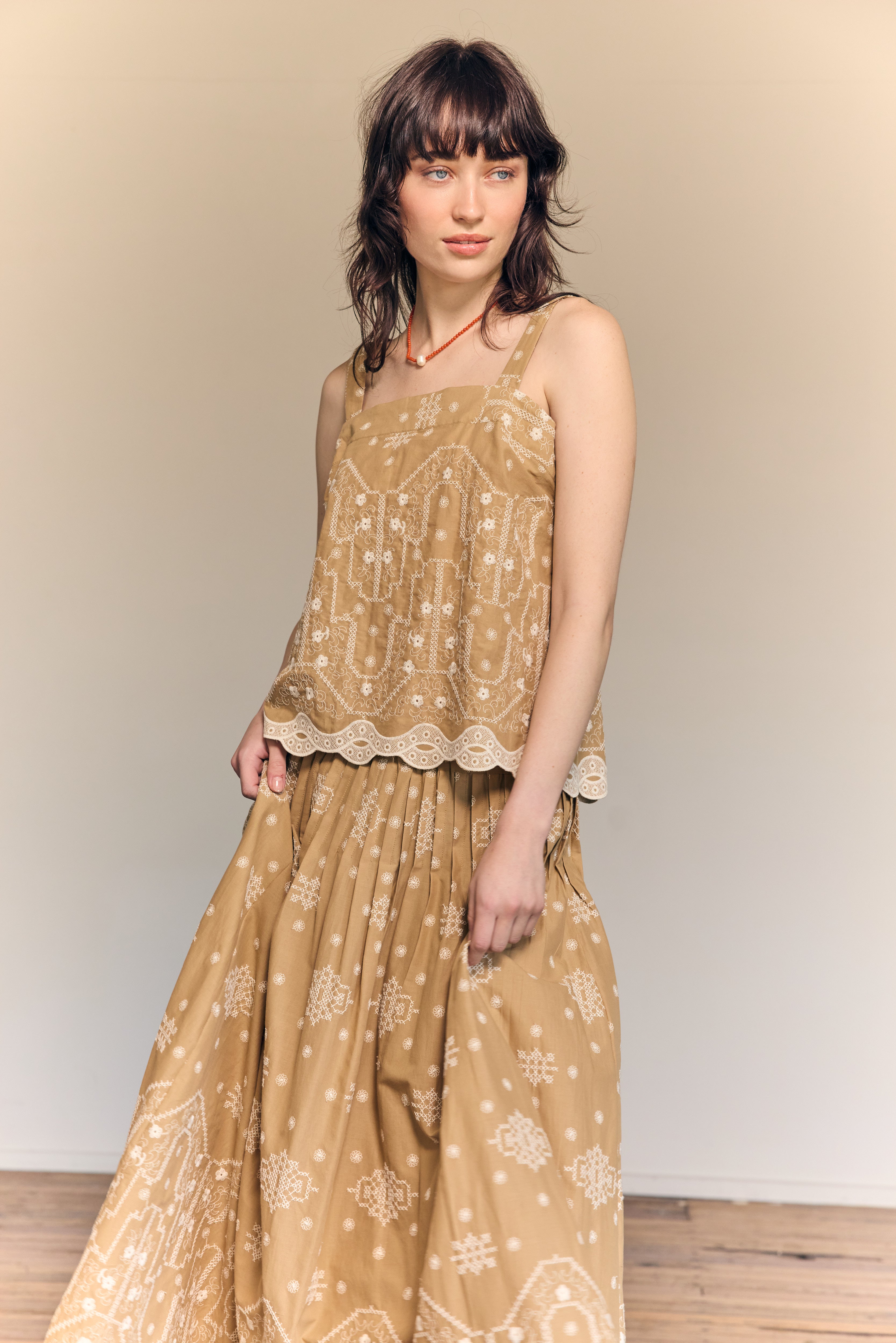 Giselle Maxi Skirt Embroidered Cotton Tan