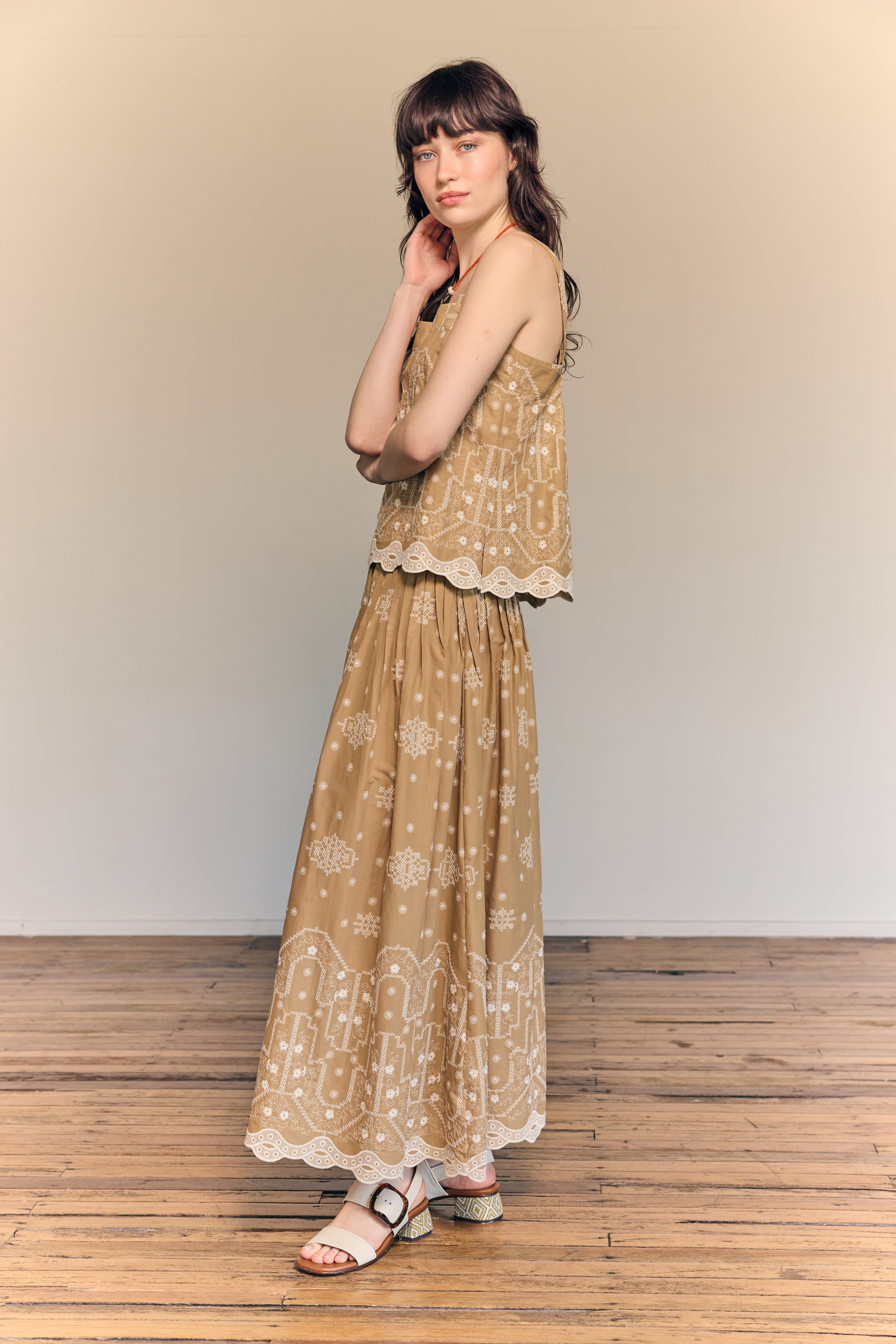 Giselle Maxi Skirt Embroidered Cotton Tan