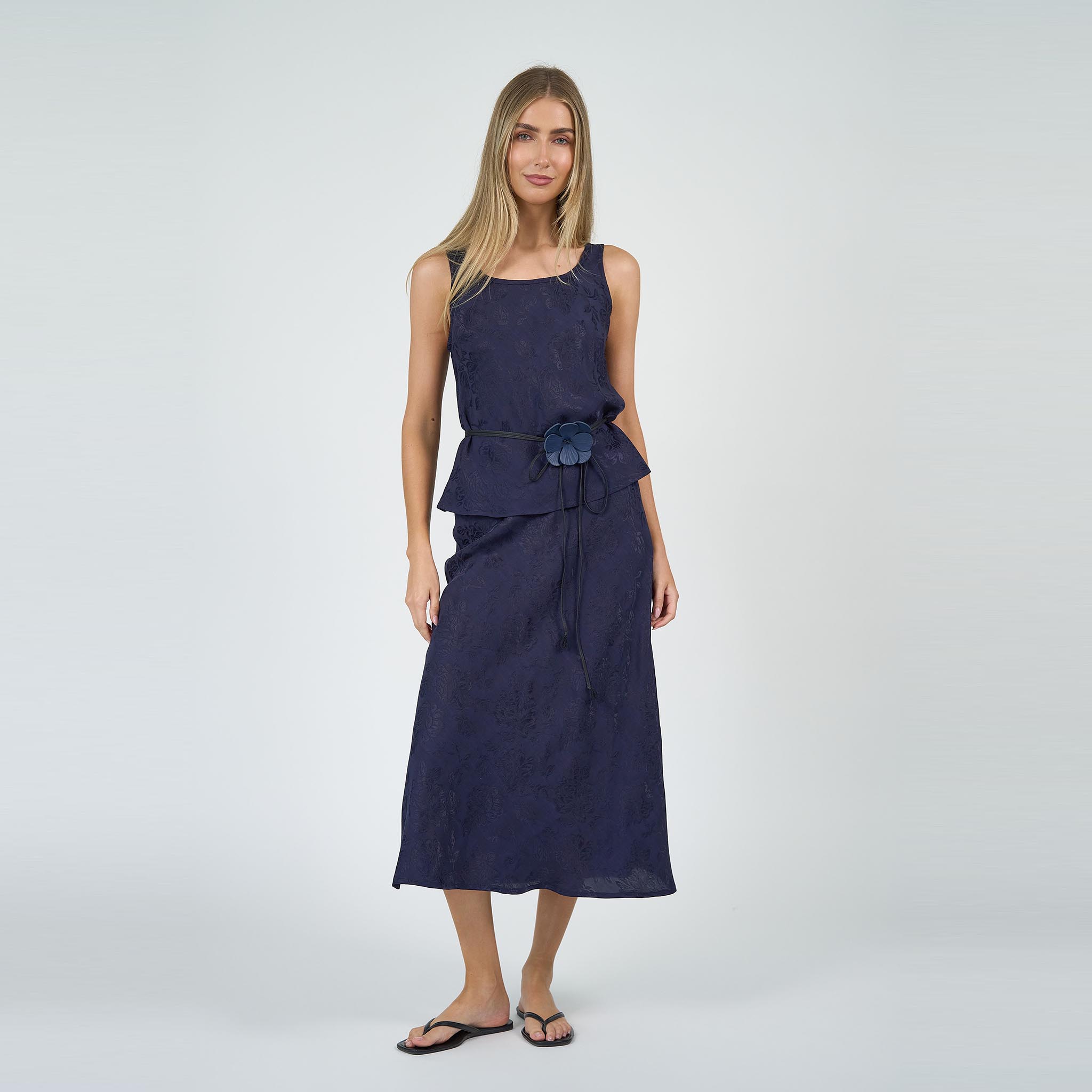 Coco Bias Skirt Navy Linen Damask