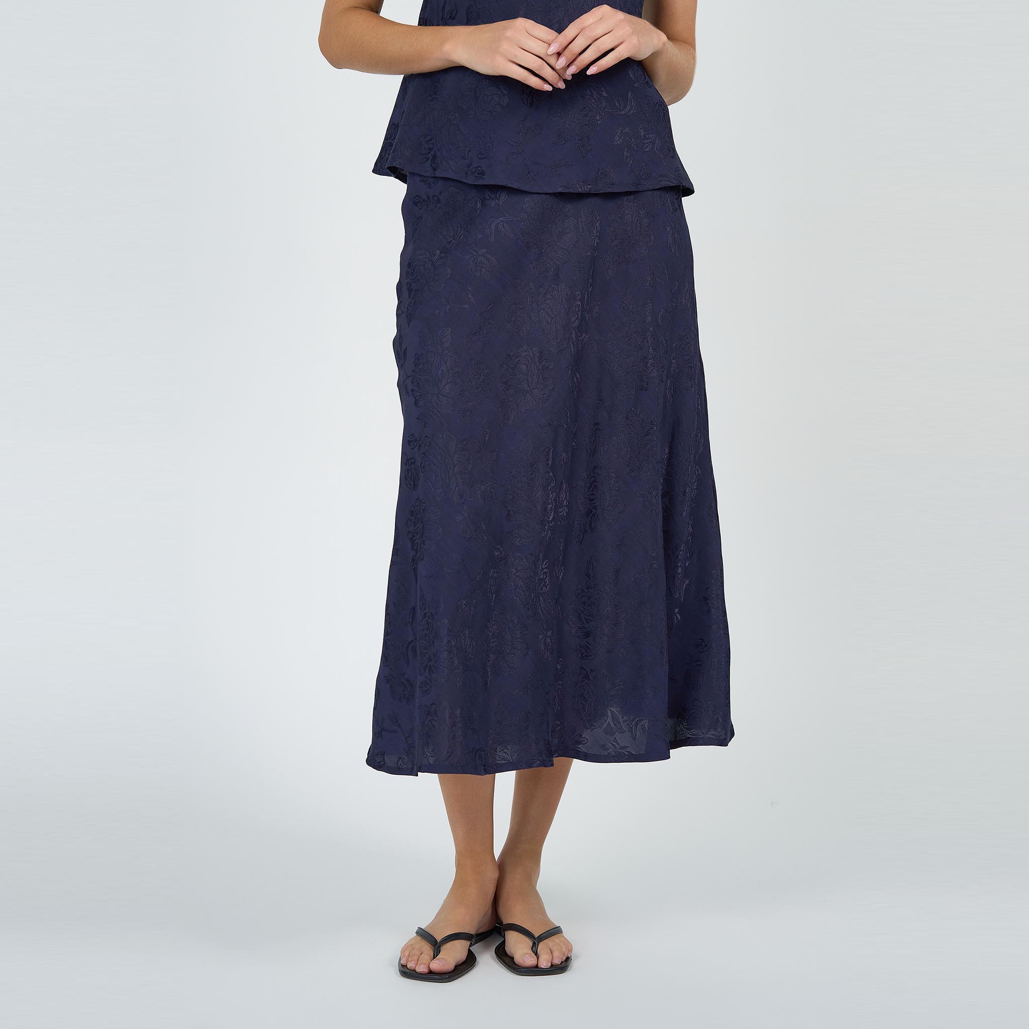 Coco Bias Skirt Navy Linen Damask