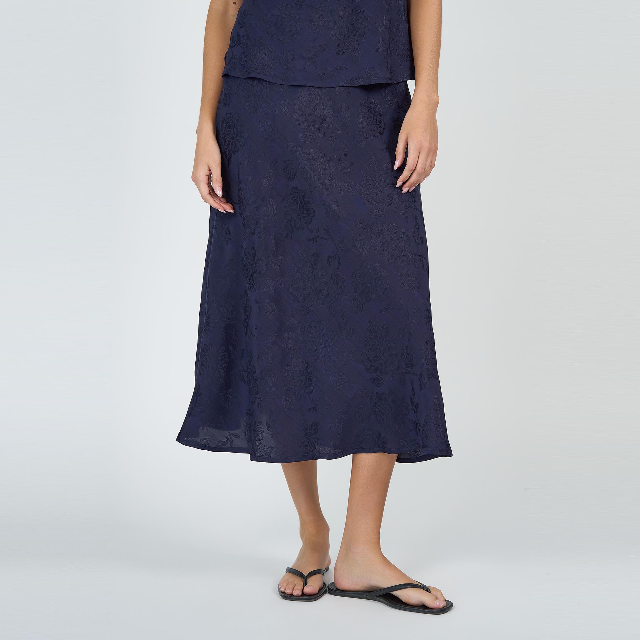 Coco Bias Skirt Navy Linen Damask