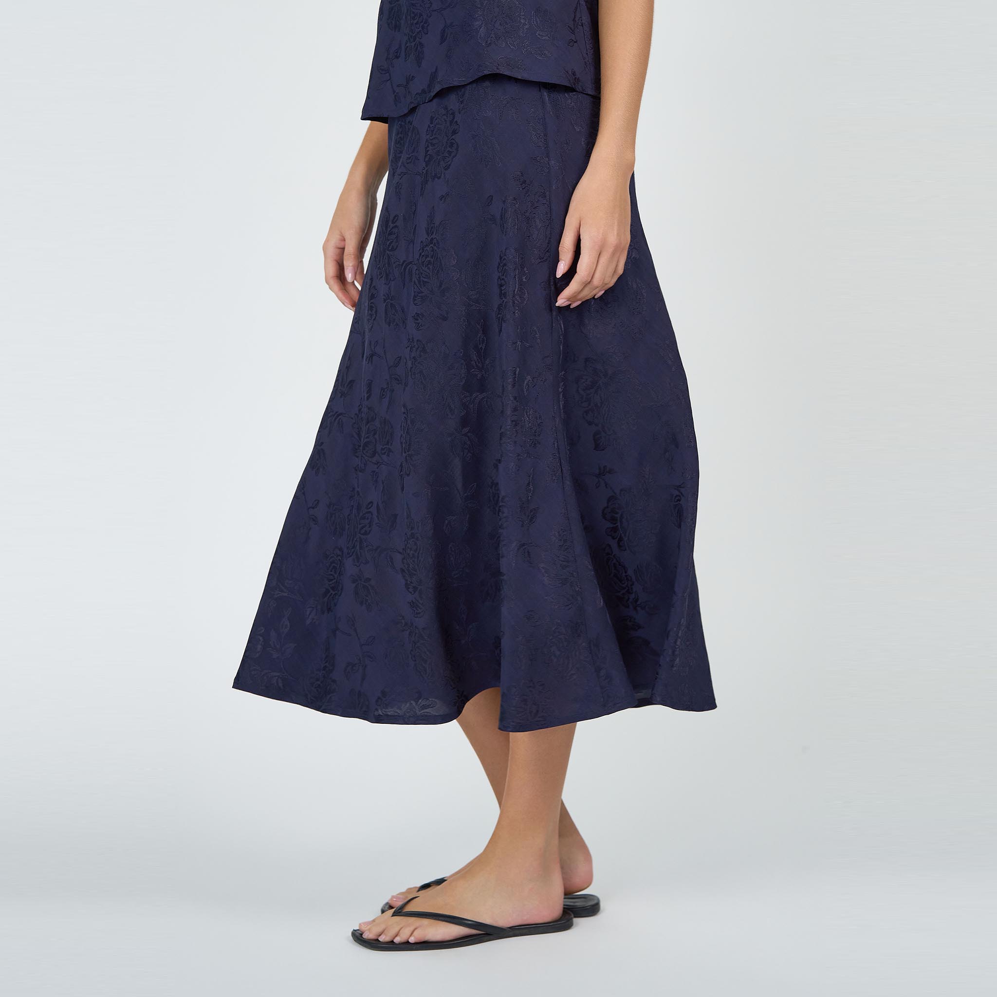 Coco Bias Skirt Navy Linen Damask