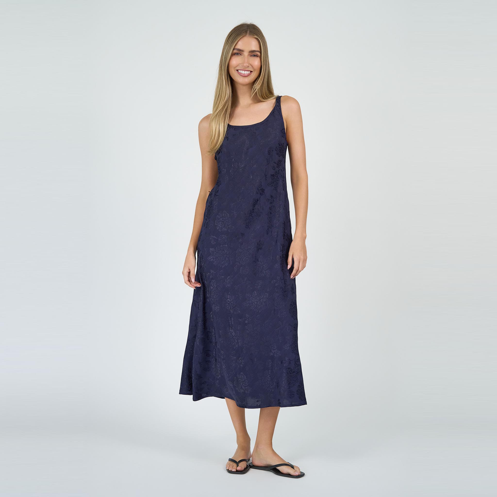 Coco Bias Dress Navy Linen Damask