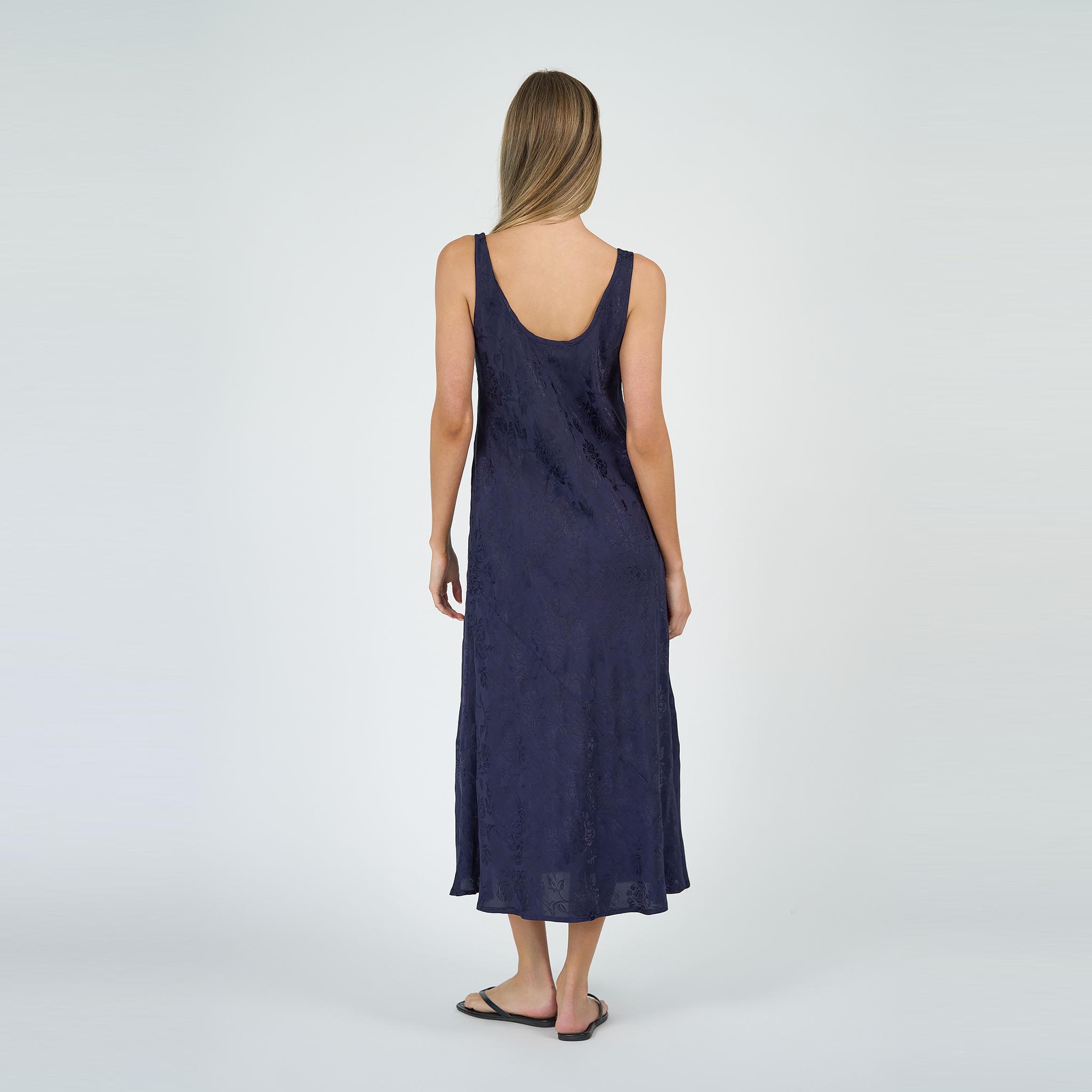 Coco Bias Dress Navy Linen Damask