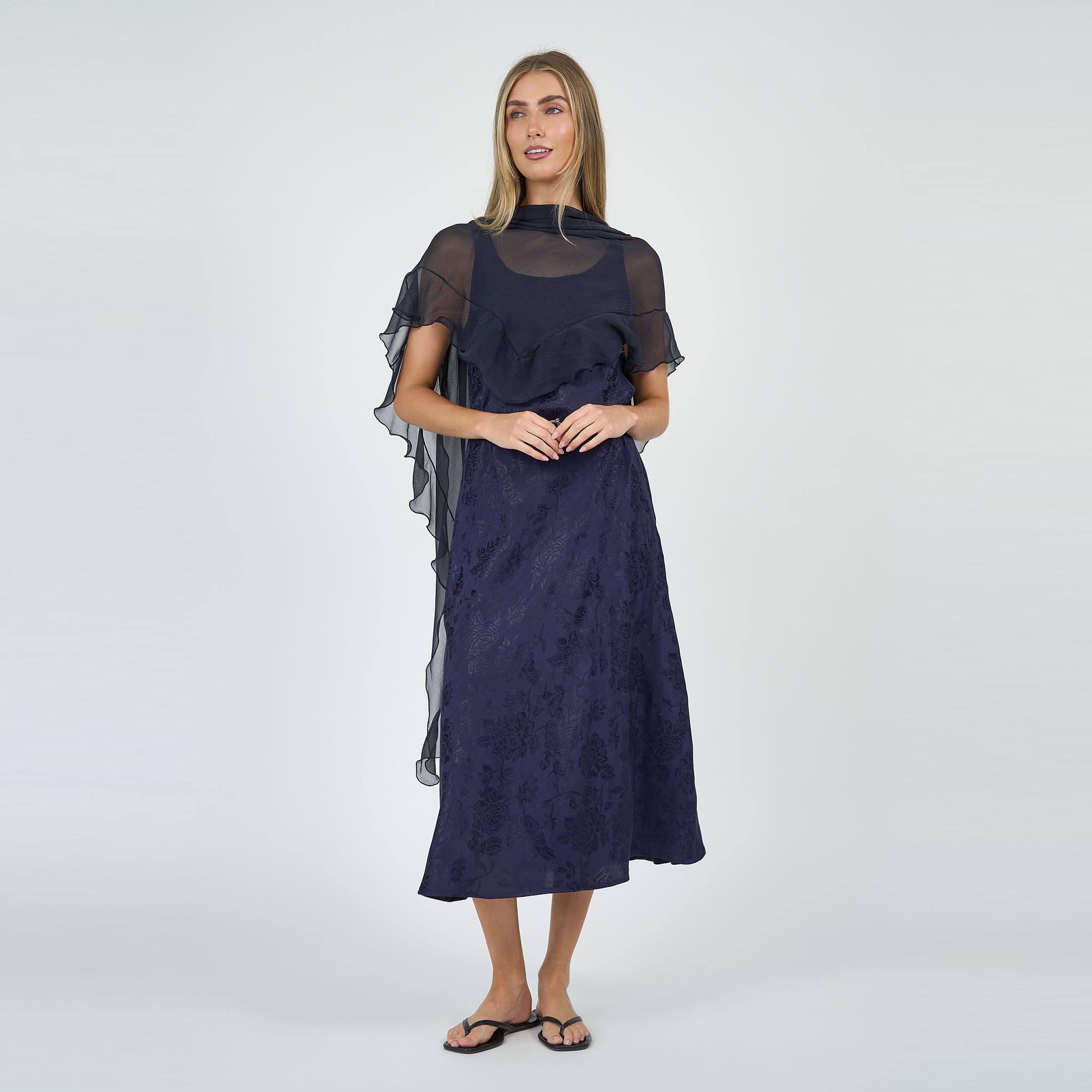 Coco Bias Dress Navy Linen Damask