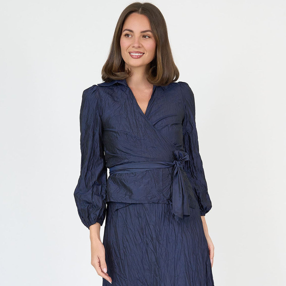 Sienna Wrap Blouse Navy Silk Taffeta
