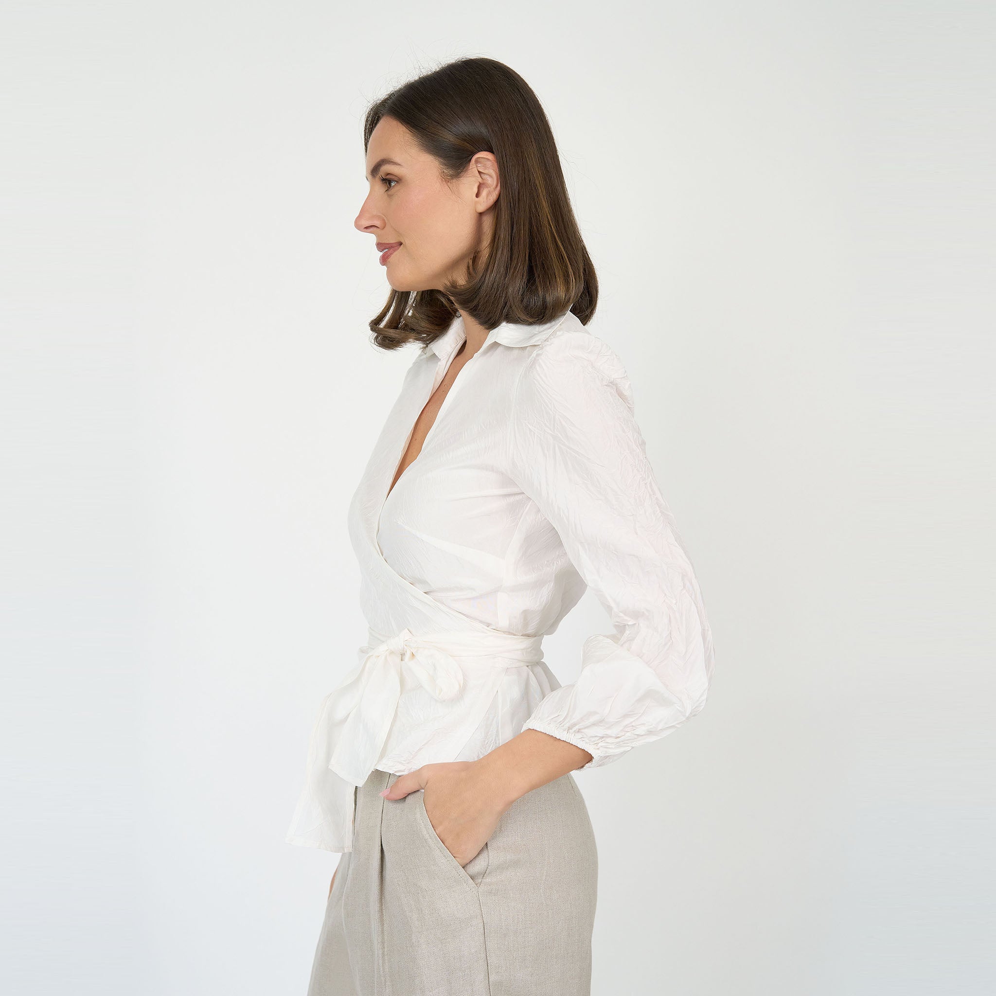 Sienna Wrap Blouse White Silk Taffeta